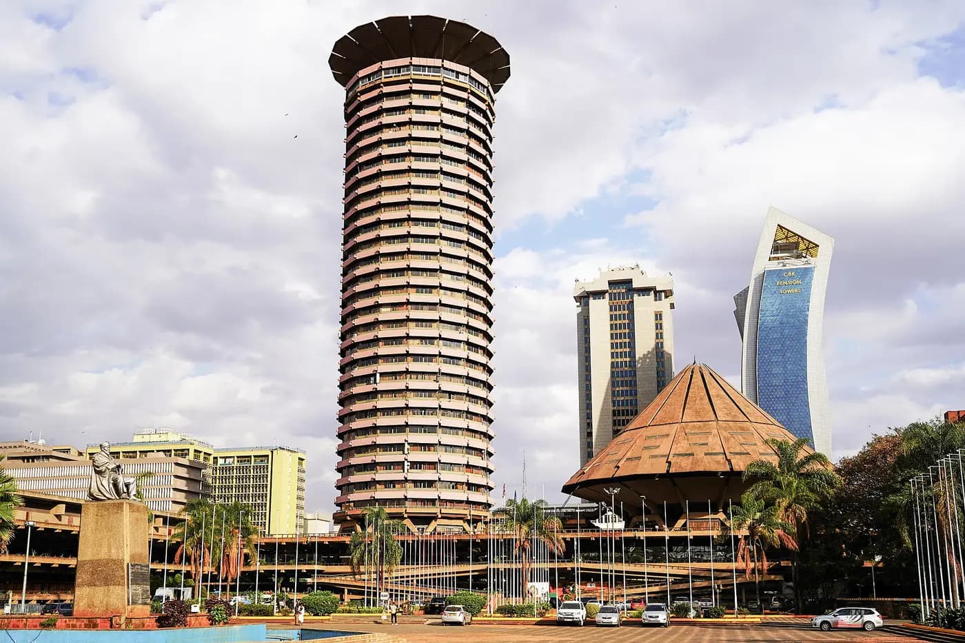 The cylindrical tower and cone-roofed hall of the Kenyatta International Convention Centre in central Nairobi
