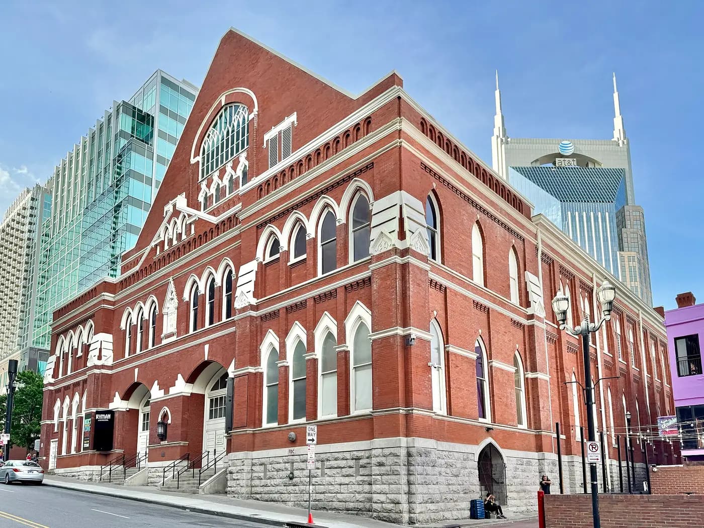 The red-brick Ryman Auditorium in downtown Nashville, with its tall Gothic windows
