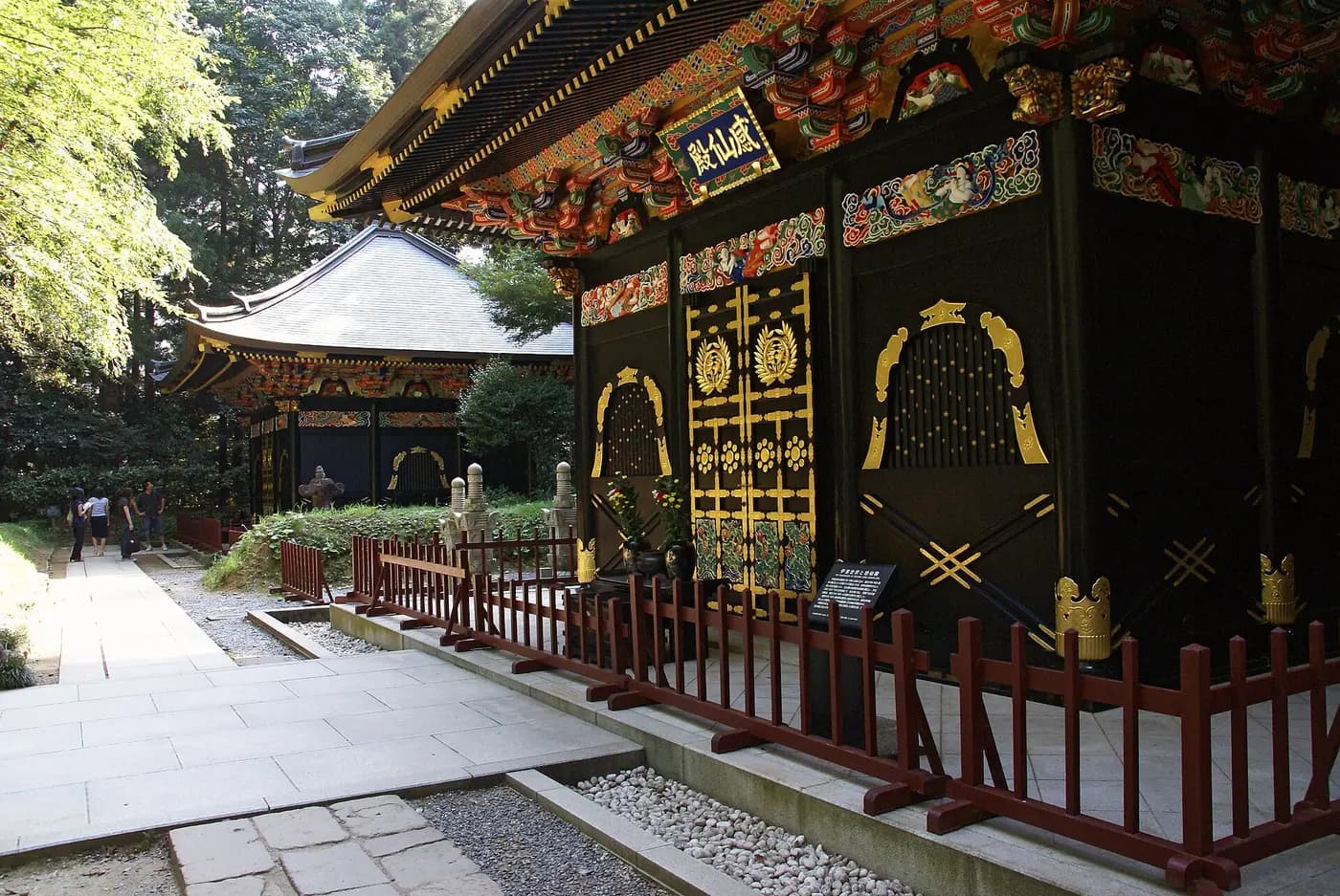 Zuihōden, the gilded and lacquered mausoleum of Date Masamune, among cedars on a hill in Sendai