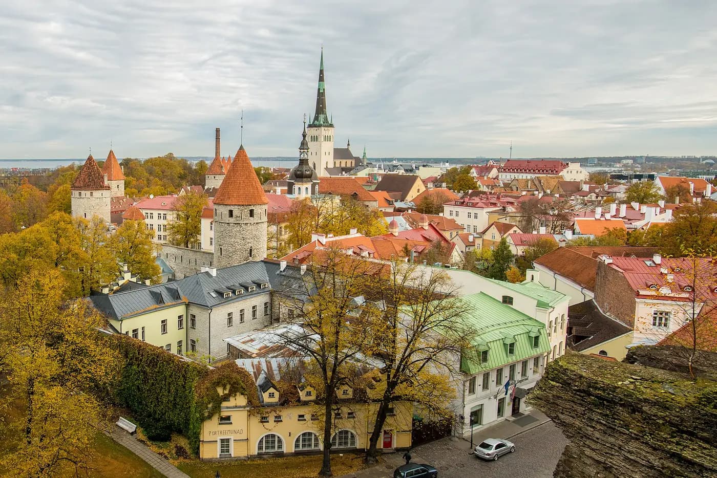 Red roofs, medieval towers and church spires of Tallinn's Lower Town, seen from Toompea hill