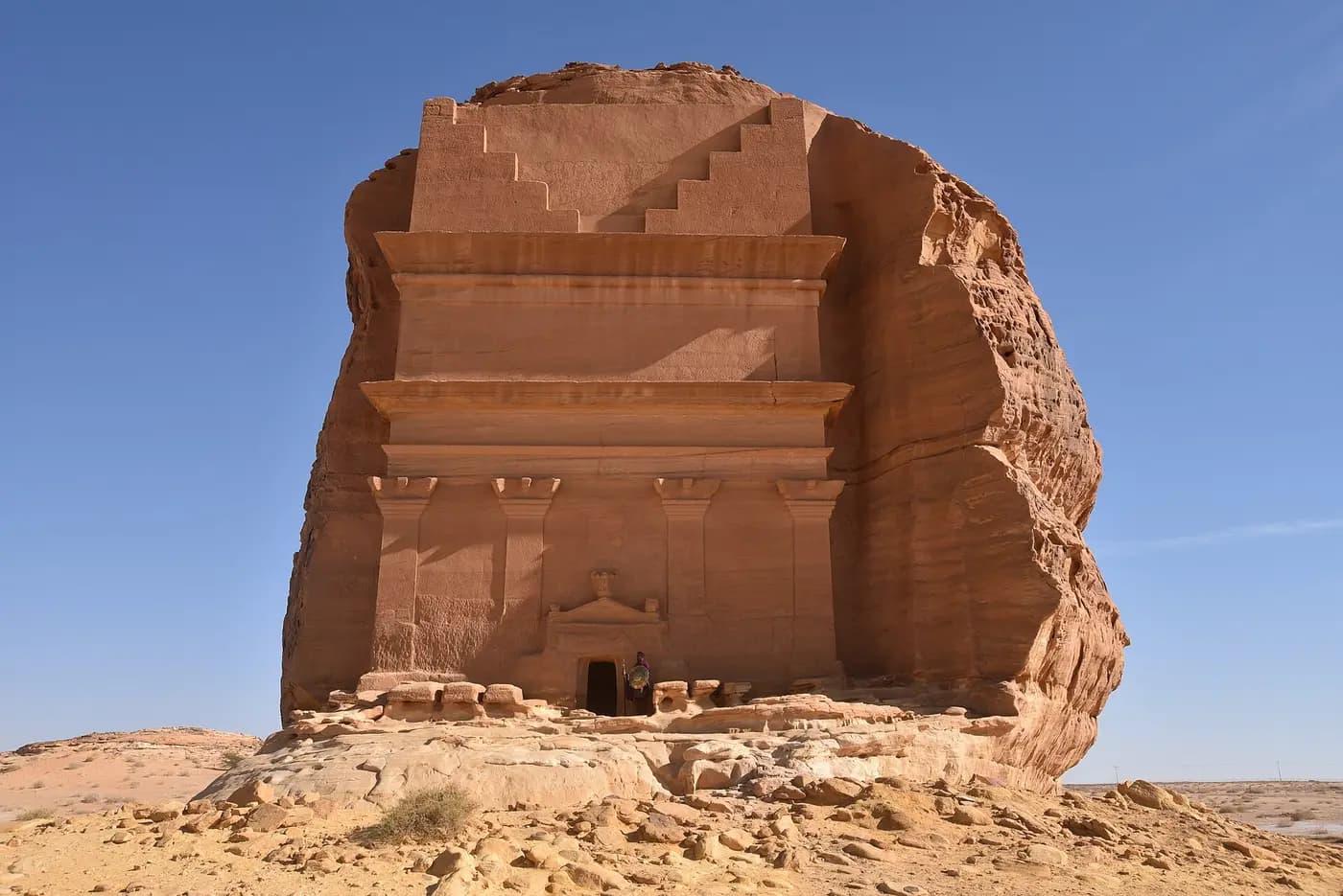 Qasr al-Farid, a Nabataean tomb facade carved into a lone sandstone boulder at Hegra