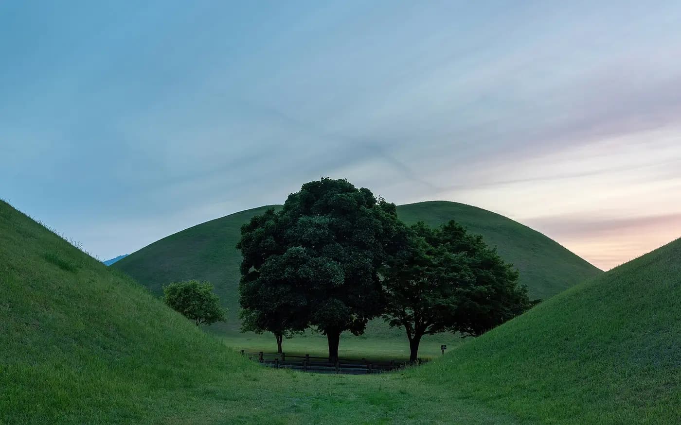 Grass-covered Silla royal burial mounds framing a cluster of trees at Daereungwon, Gyeongju