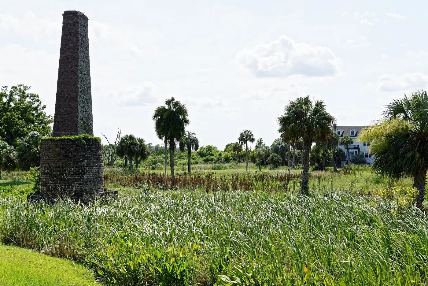 The brick chimney of the old rice mill on Butler Island near Darien, among marsh grass and palms